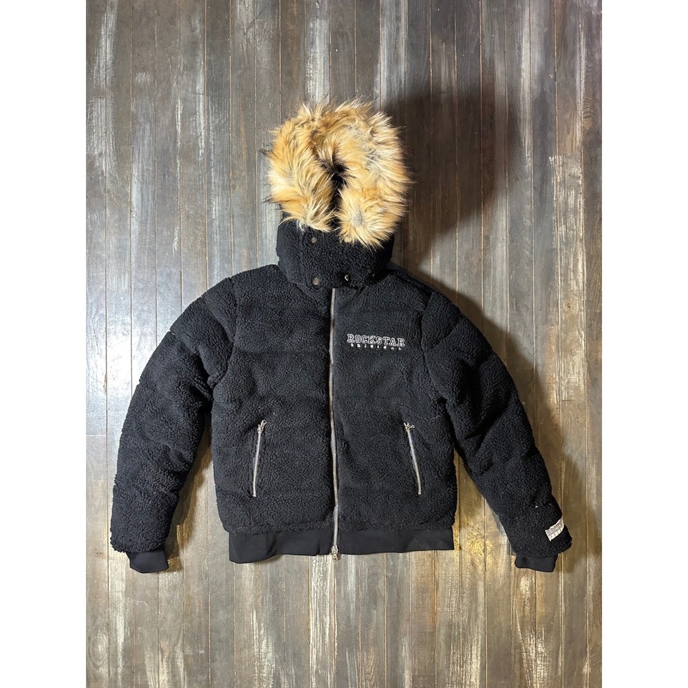 Rockstar Original Sarvesh Black Sherpa Puffer Jacket Faux Fur Hood Mens Size M